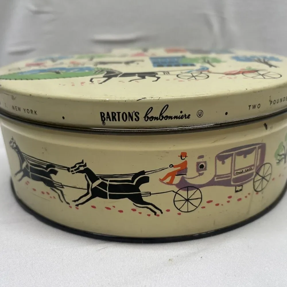 Vintage 1959 BARTON’S Bonbonniere Mid Century Modern Round Candy Tin Colorful EC